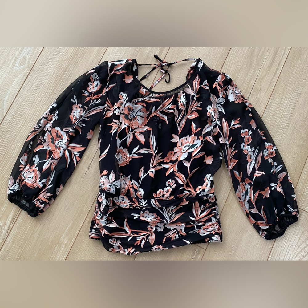 White House Black Market Black Puff Sleeve Peplum Blouse